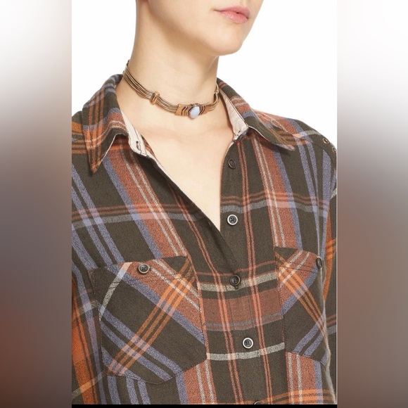Free People Plaid Shirt Jacket in Olive, Rust & Blue - Picture 7 of 9